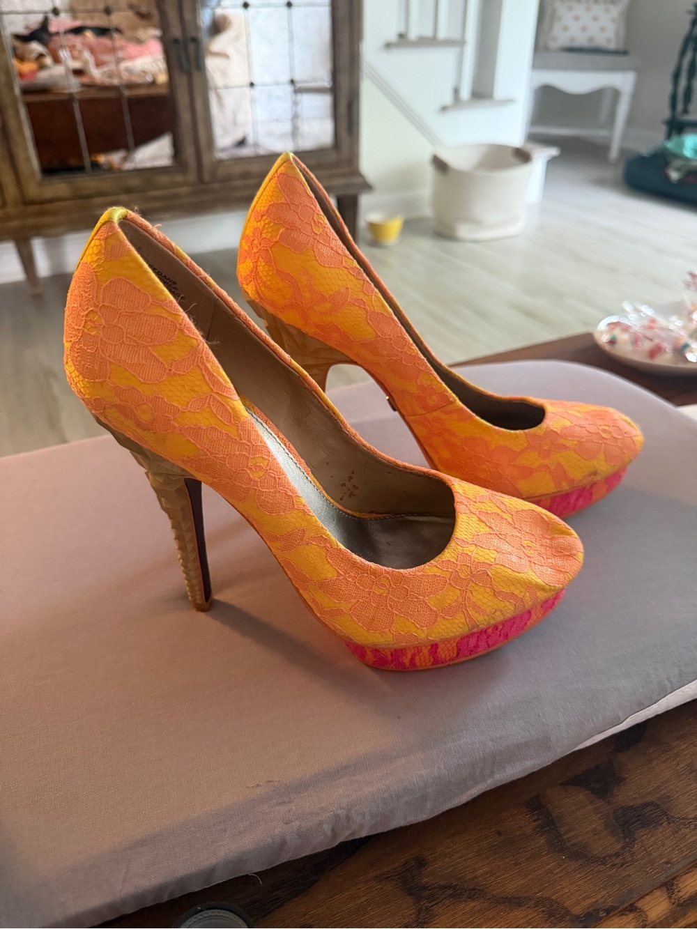 Women's Yellow-Orange Lace Platform High Heels
